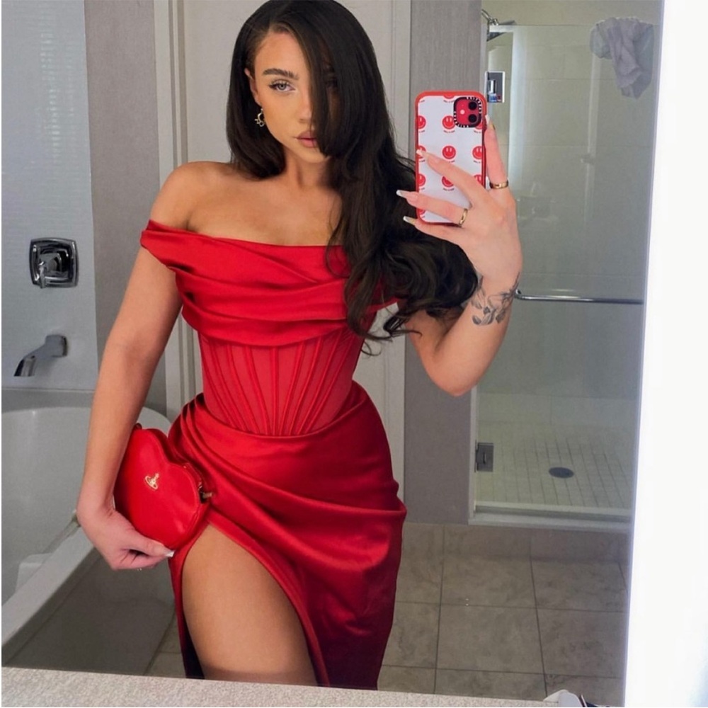 House of CB “Lulu” Red Asymmetric Drape Midi Corset Dress NWOT
